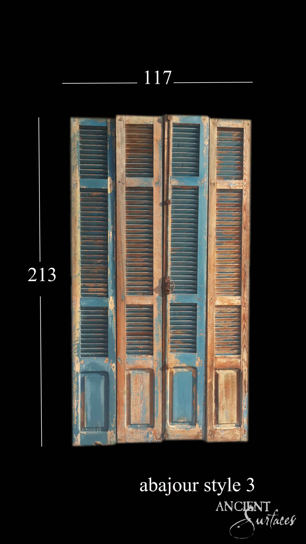Four-leaf set of weathered blue reclaimed antique abajour louvered shutter doors