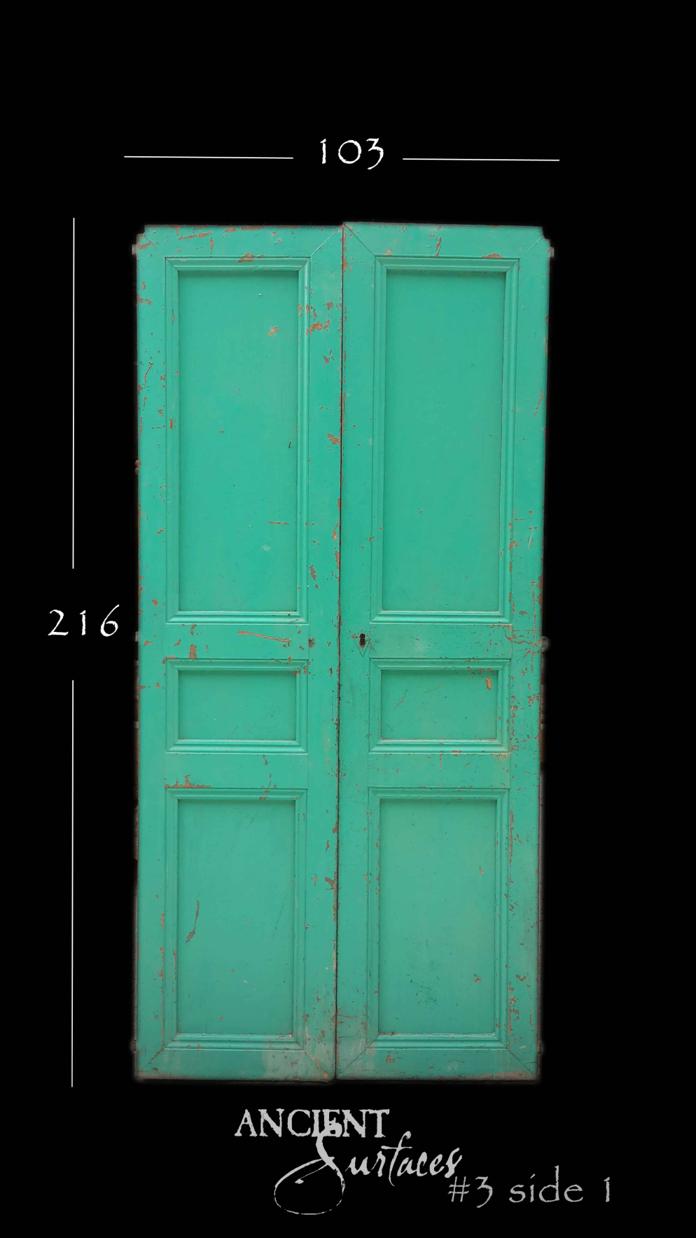Ancient Surfaces turquoise reclaimed antique double door with red-bole undertones and three raised panels per leaf