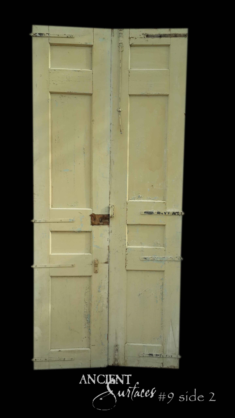 Celadon-cream reclaimed antique double door with iron strap hinges and a rod latch